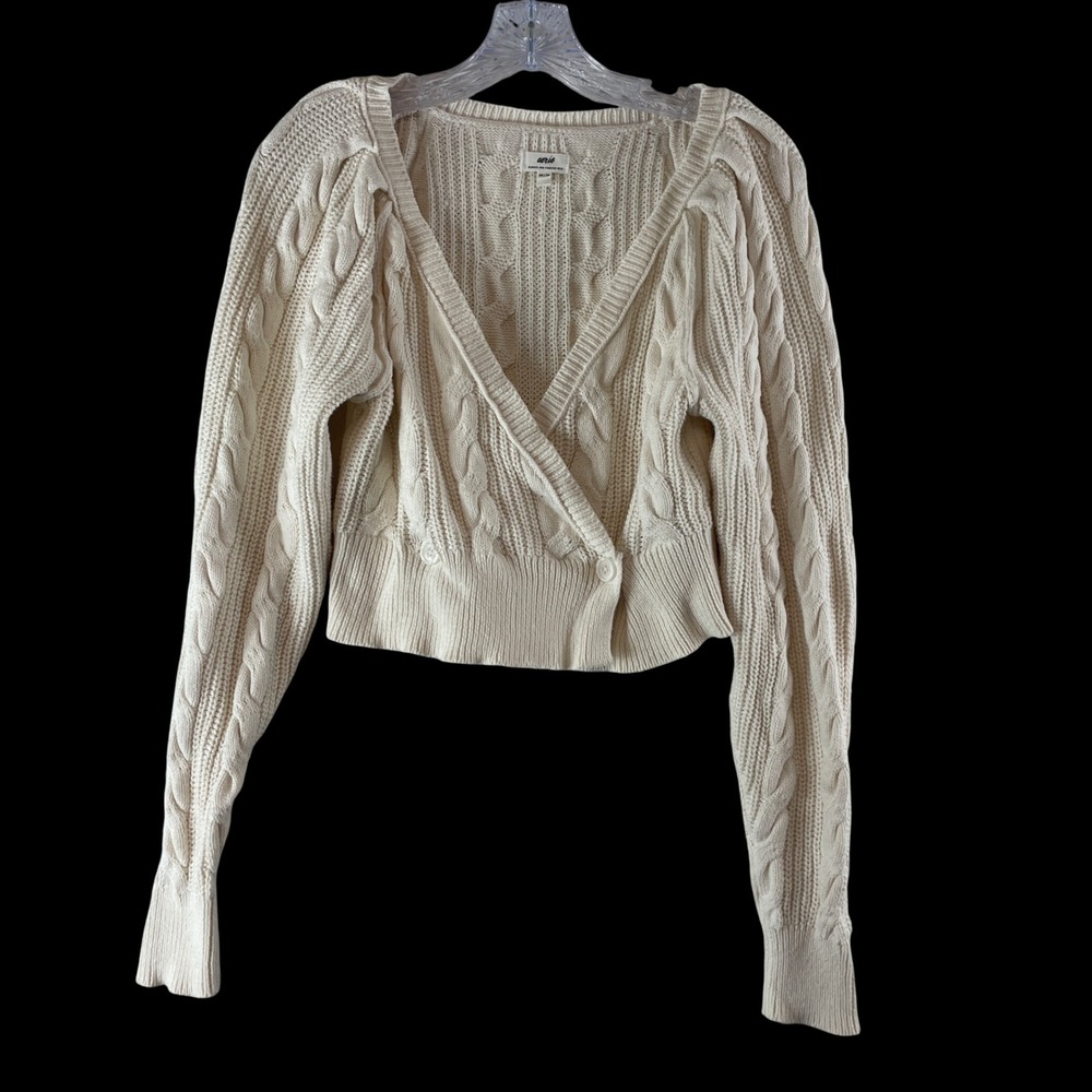 Aerie Cable Knit Surplice Wrap Cardigan Sweater XS Cream Coquette Balletcore
